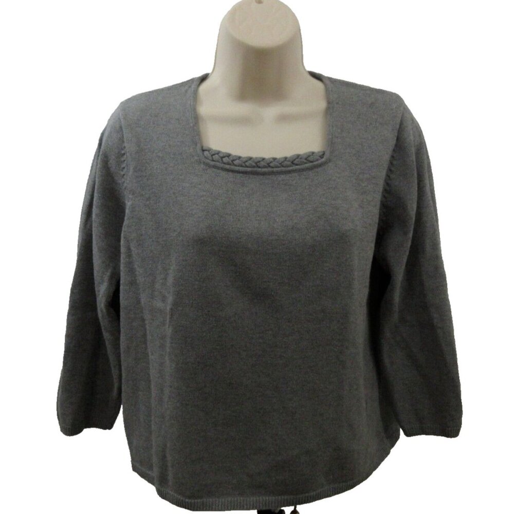 Erik Stewart Sweater Womens Size Large Gray Ribbed Square Neck Braid 100% Cotton